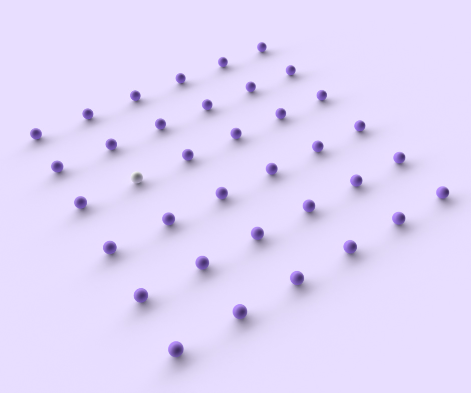 Violette Kugeln auf hellviolettem Hintergrund, die in regelmäßigen Abständen liegend zu einem Quadrat angeordnet sind, mit einer weißen Kugel dazwischen