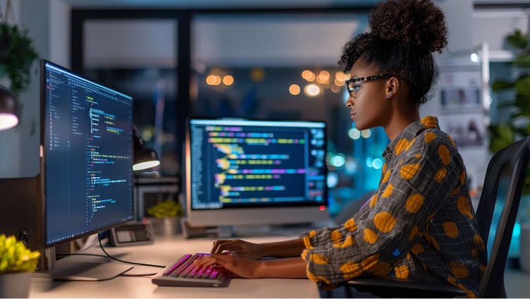 Person, die eine Brille trägt und an einem Monitor arbeitet