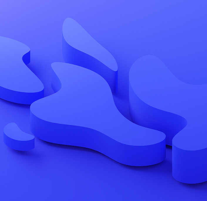 Unregelmäßig geformte blaue Elemente vor blauem Hintergrund