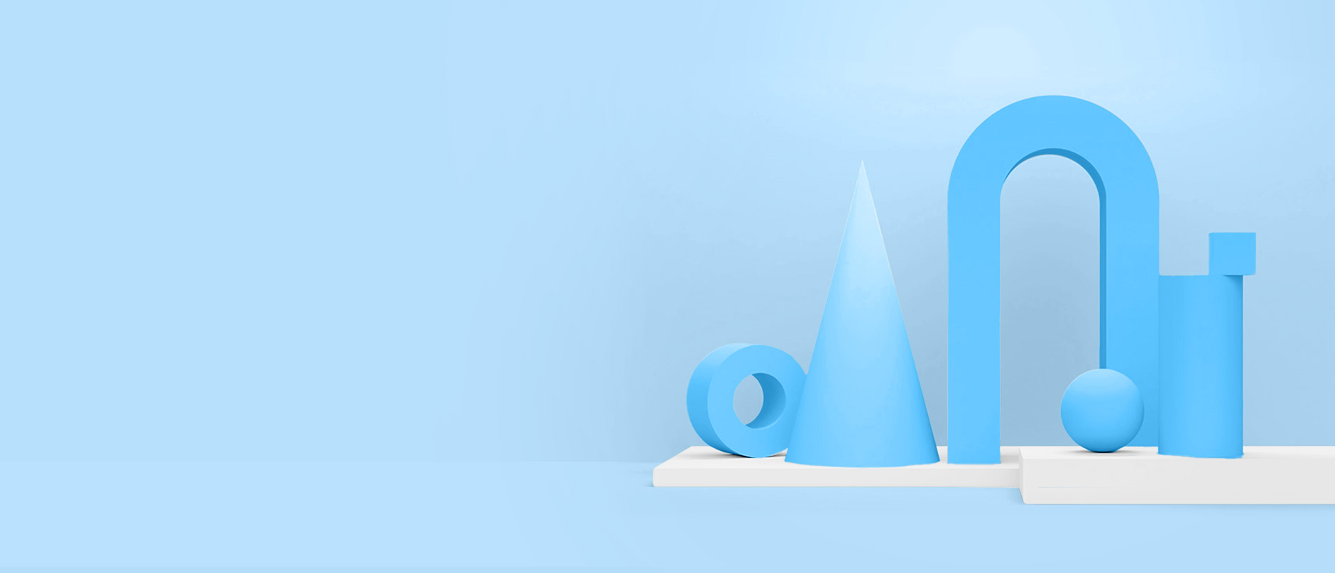 Formas 3D azules reposando en una plataforma blanca con fondo azul
