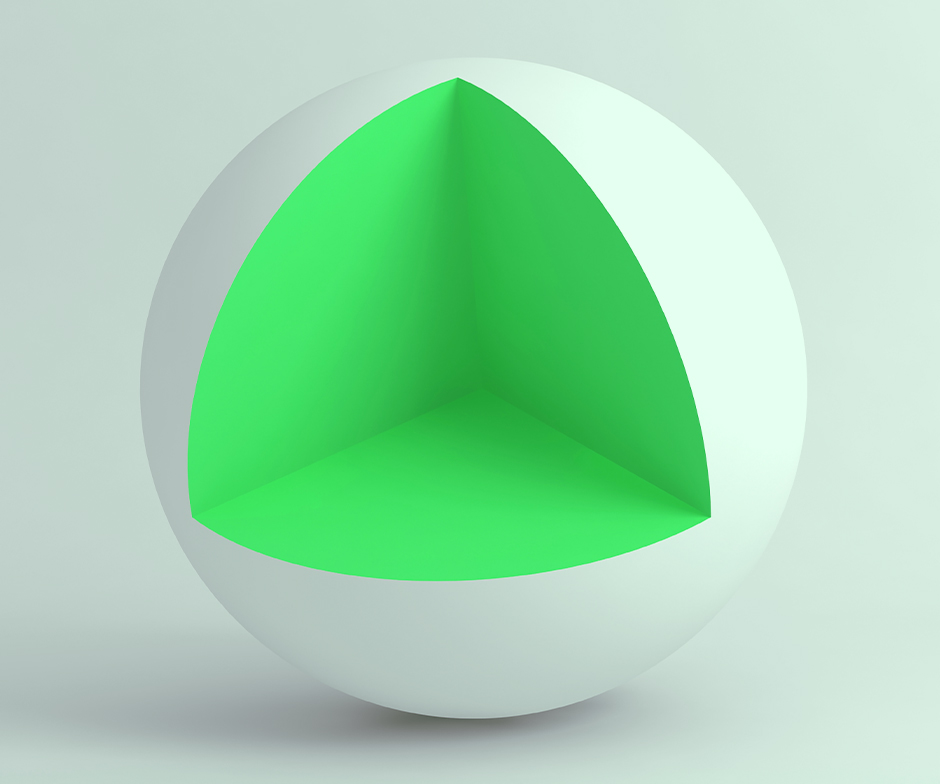 Esfera blanca con un corte que deja ver el interior de color verde lima