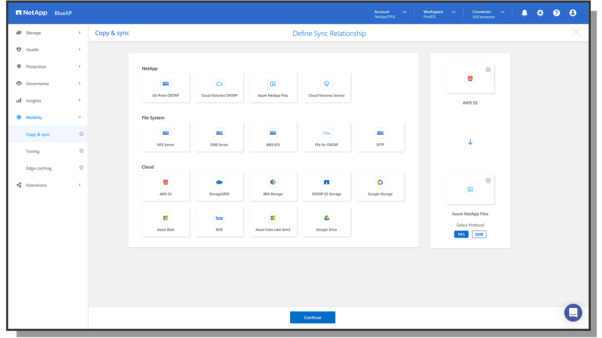 BlueXP  définit une relation de synchronisation 