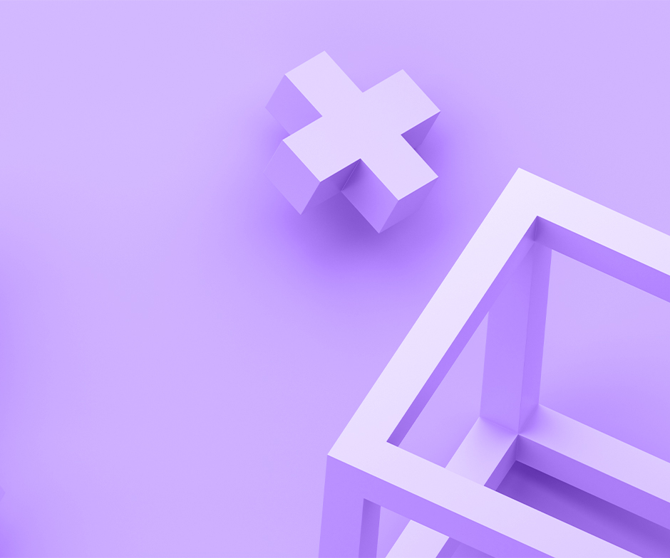 X violet en 3D et contour d'un cube en 3D sur fond violet