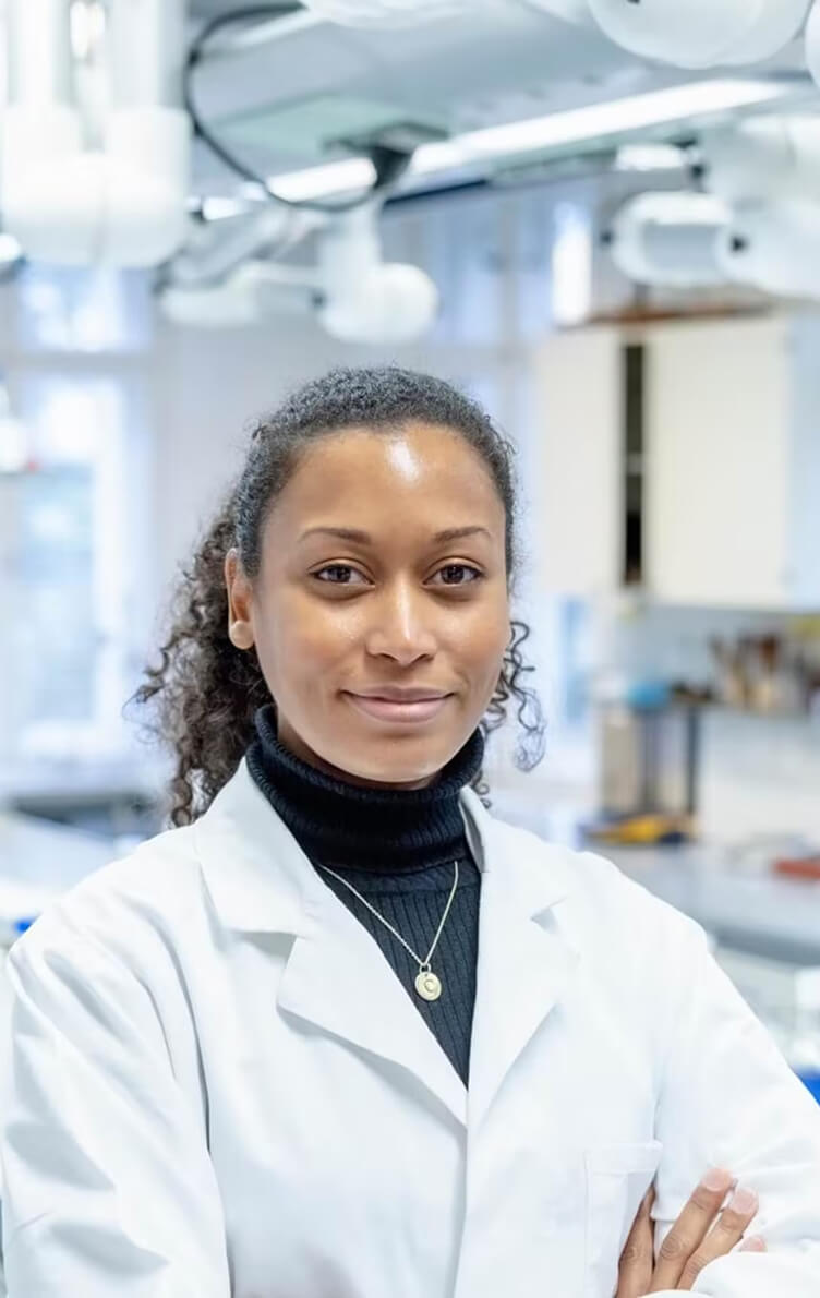 Scienziato in camice da laboratorio che si trova in un ambiente di laboratorio con attrezzature e illuminazione intensa.