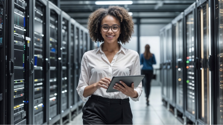 persona all'interno di un data center con computer portatile