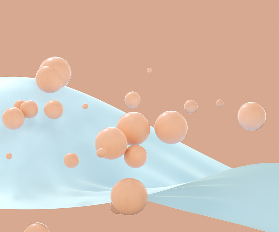 Palline colorate rosa pesca che cadono su un oggetto bianco simile a un nastro
