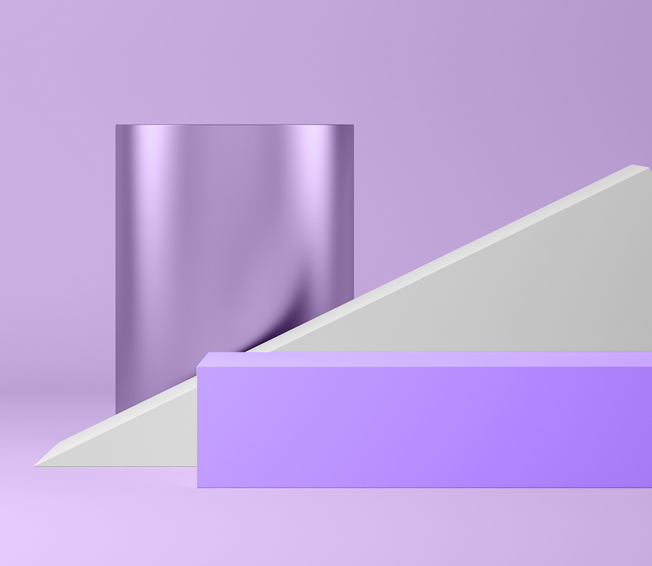 purple cylinder and white triangle on purple background