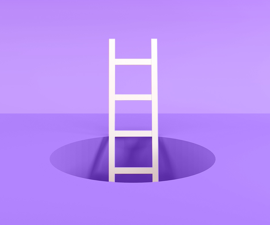 white latter extending upward from purple hole on purple background