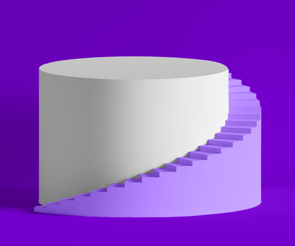 white cylinder with purple stairs wrapping around it in front of purple background