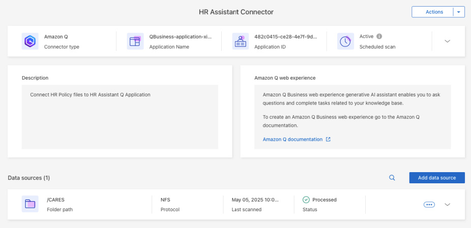 Image of NetApp Connector for Amazon Q Business configuration settings.