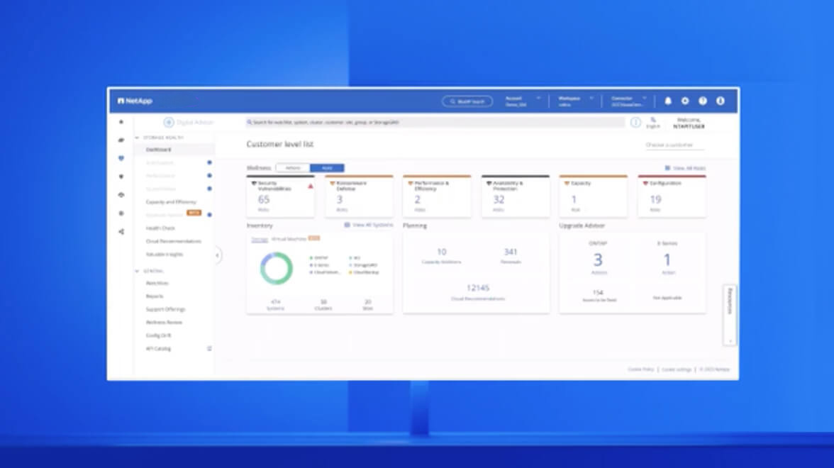 NetApp Digital Advisor dashboard with sections displaying customer-level metrics, including security vulnerabilities, performance, planning, capacity, and upgrade status.