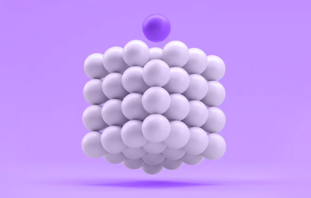 purple sphere above white spheres in the form of a cube