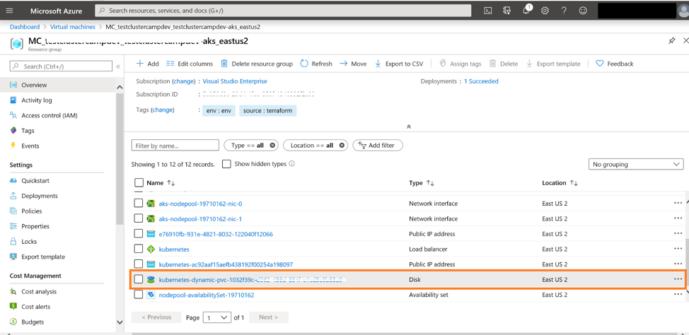 Browse to the resource group where the AKS nodes are created to find the newly provisioned disk listed there