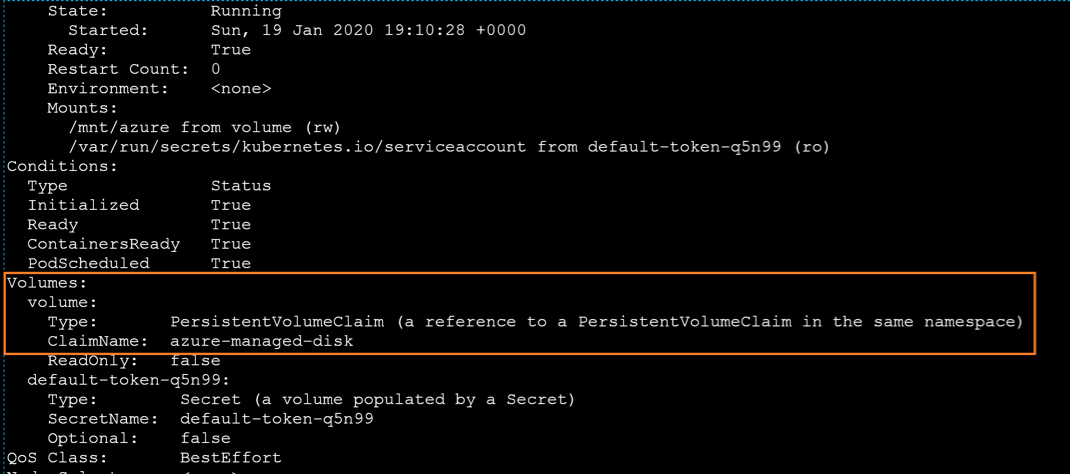 Verify hat he persistent volume is attached to the pod by using the following command