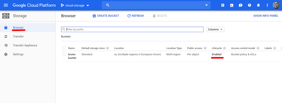 The bucket lifecycle management screen