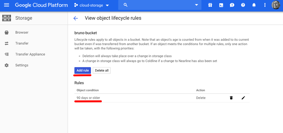 Viewing the object lifecycle rules for the bucket.