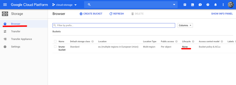 The bucket lifecycle management screen