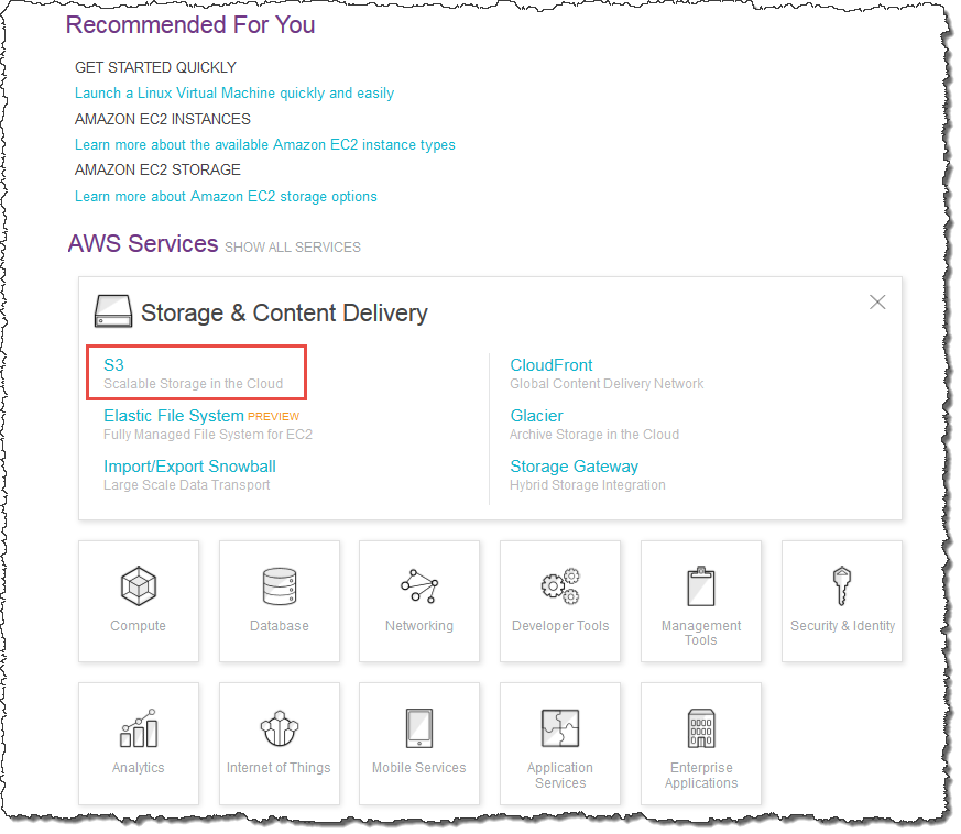 aws console s3 categorized