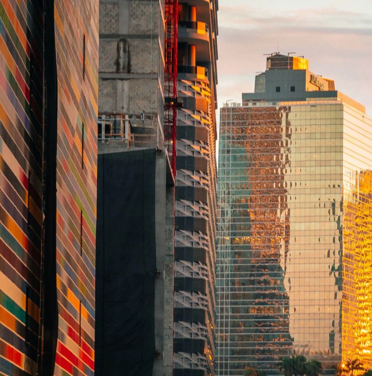 view of downtown building in sunset