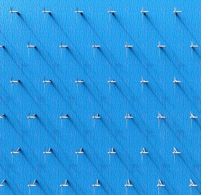 blue background with white pegs evenly spaced in a grid pattern 