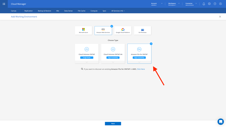 staging.cloudmanager.netapp.com add-working-environment choose-type (AOC) 2