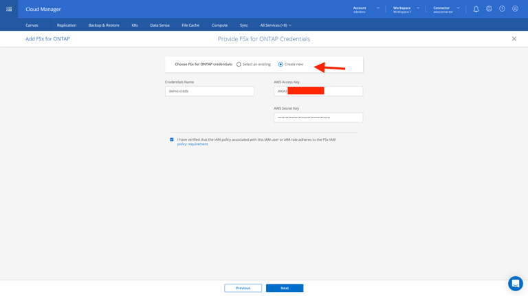 staging.cloudmanager.netapp.com add-working-environment hoose-type (AOC) 4