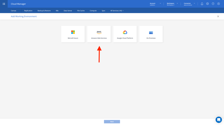 staging.cloudmanager.netapp.com add-working-environment choose-type (AOC)