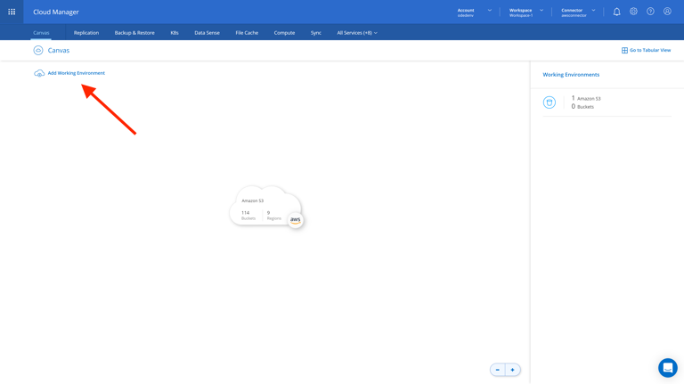 staging.cloudmanager.netapp.com working-environment view=clouds (AOC)