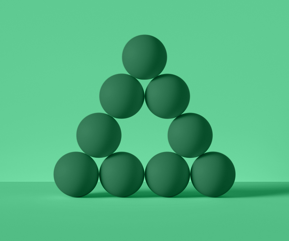 green background with 9 green spheres arranged in a pyramid, with the center piece missing