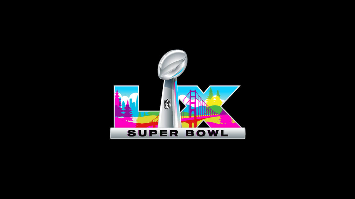 色彩缤纷的超级碗 LX 徽标，以 Vince Lombardi 奖杯和湾区地标为特色。