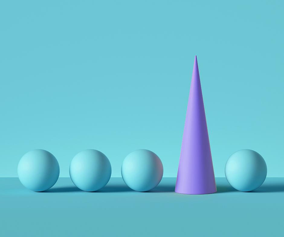 4 blue spheres with purple cone between 3rd and 4th sphere in front of blue background