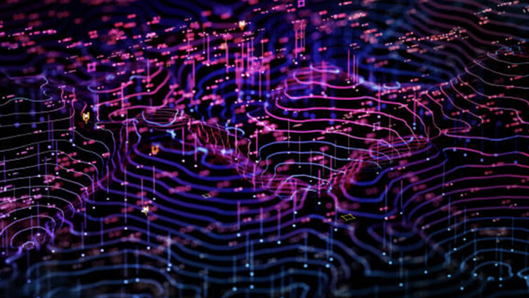 以抽象霓虹資料波形來視覺化呈現雲端運算、分析和 AI 資料流。