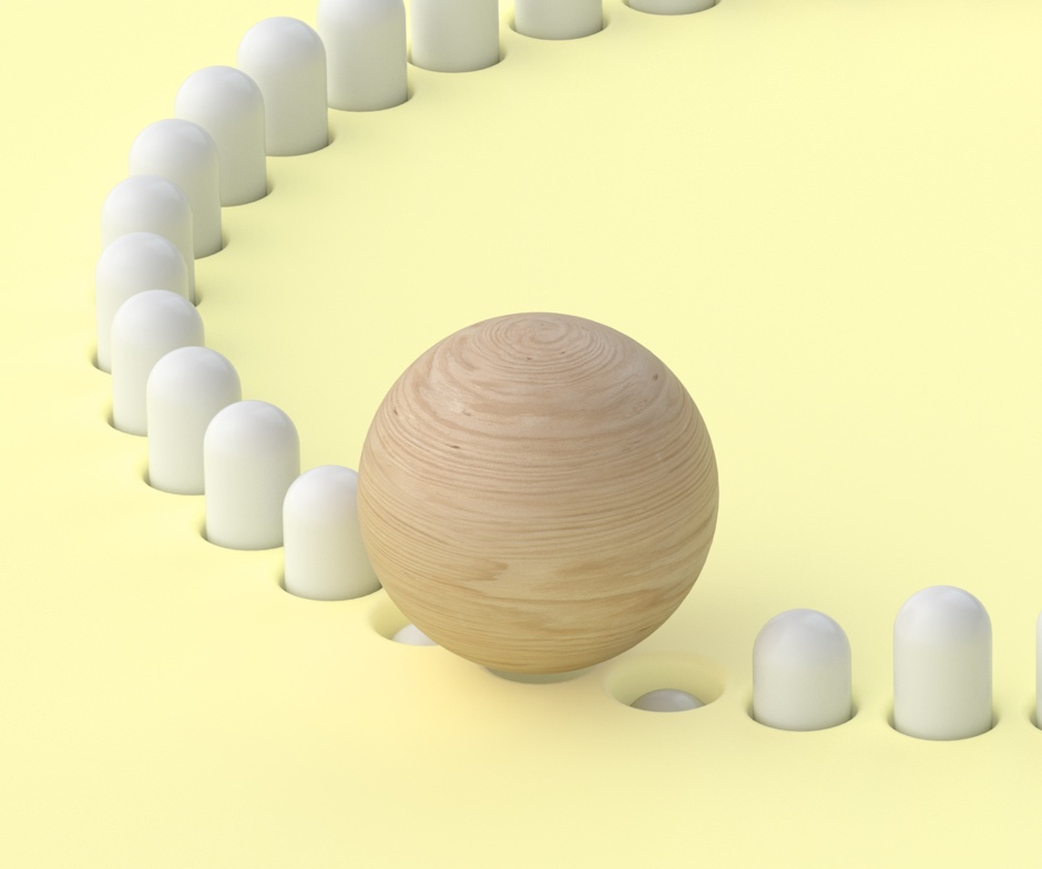 wooden ball rolling on top white pegs